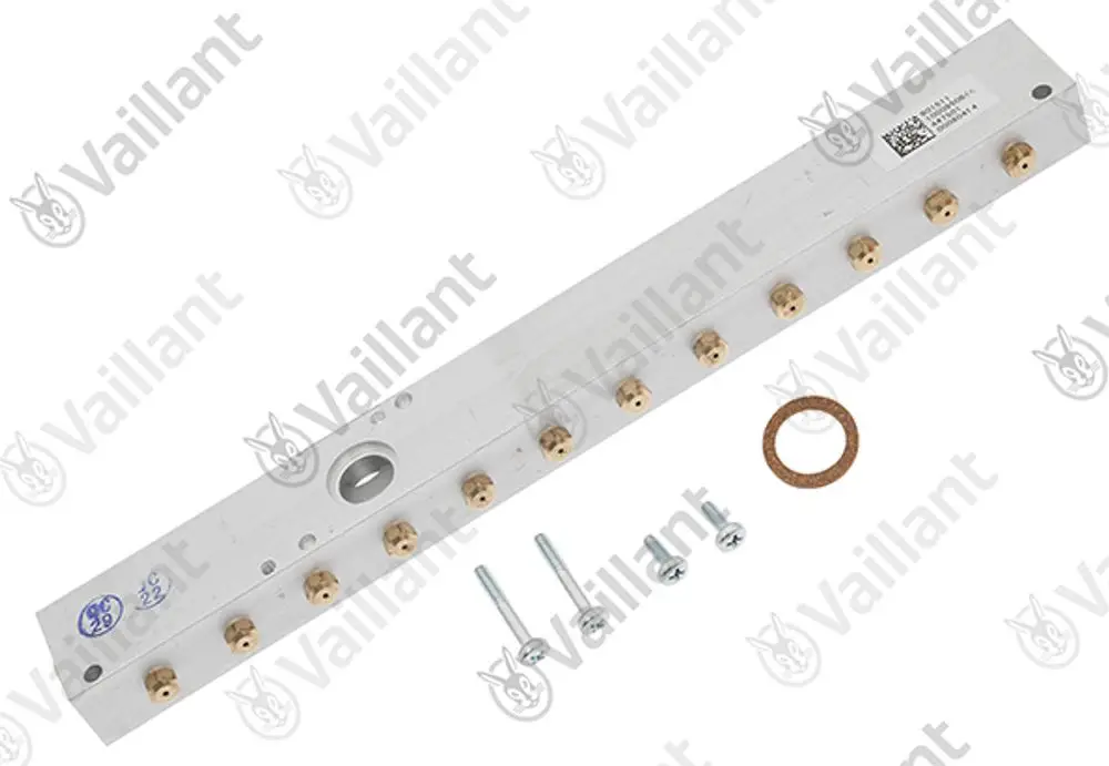 Vaillant Düsenstock aus Aluminium mit mehreren Anschlussgewinden, einem zentralen Anschluss und Schrauben, geeignet für Heiz- oder Vordrucksysteme.